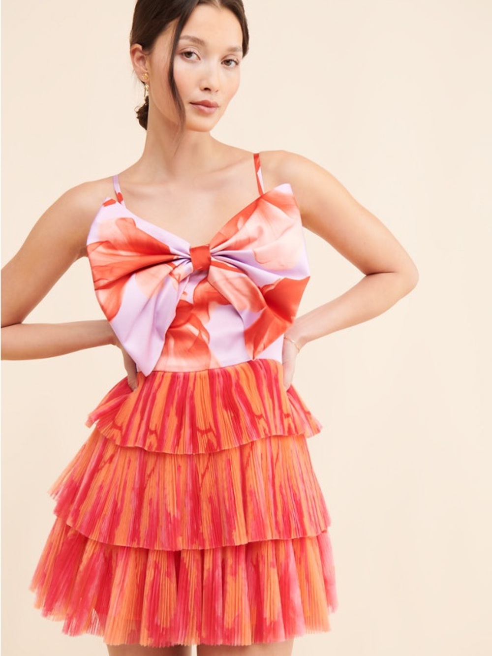 Hutch Coral & Pink Bow Tiered Mini Dress